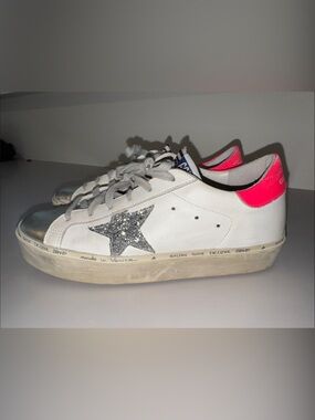 Golden Goose White Sneakers with Silver Glitter Star and Hot Pink Heel